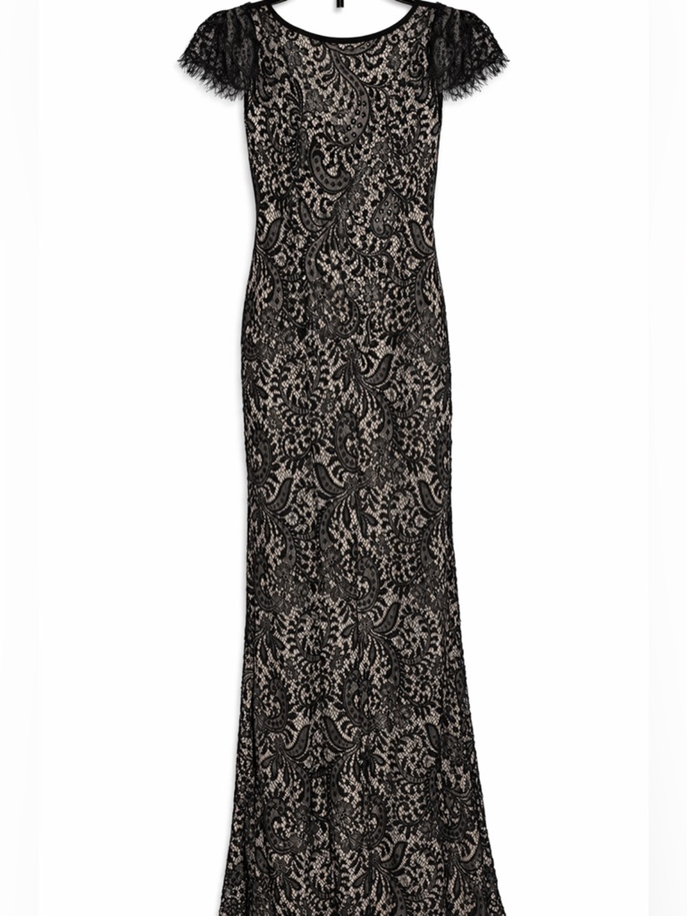 Windsor Long Black Lace Overlay Nude Evening Gown